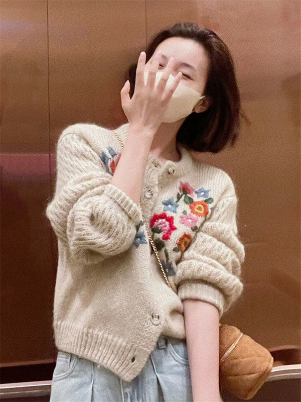 Limiguyue Cardigan din tricot cu broderie florală franceză, toamnă iarnă, vintage, pulover din lână, tricotaj din cașmir cu mânecă lungă U998
