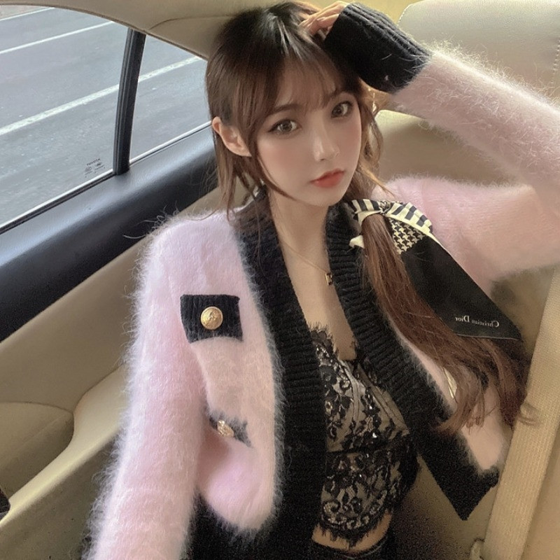 Ženski džemperi Ružičasti moher kontrastne boje Kratki kardigani Korean Chic Ins Modni dres Jesen Zima Mujer Sweet 2022 Pink