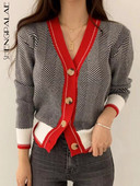 SHENGPALAE 2023 Νέα μόδα Φθινοπωρινό με V λαιμόκοψη Μονό στήθος κοντό μοτίβο ψαροκόκαλο Ζακέτες Γυναικεία χαλαρά casual πουλόβερ FV295