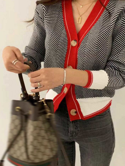 SHENGPALAE 2023 Νέα μόδα Φθινοπωρινό με V λαιμόκοψη Μονό στήθος κοντό μοτίβο ψαροκόκαλο Ζακέτες Γυναικεία χαλαρά casual πουλόβερ FV295