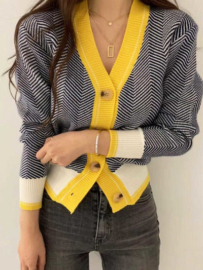 SHENGPALAE 2023 Νέα μόδα Φθινοπωρινό με V λαιμόκοψη Μονό στήθος κοντό μοτίβο ψαροκόκαλο Ζακέτες Γυναικεία χαλαρά casual πουλόβερ FV295