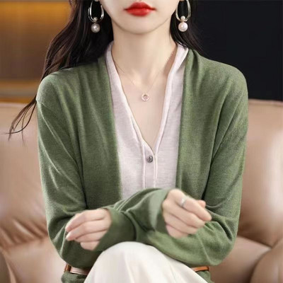 Ανοιξιάτικη Νέα Μόδα Αντίθεση Χρώμα V-λαιμόκοψη Μακρυμάνικο Ψεύτικο Πλεκτό Μπλουζάκια Δύο Τεμάχια Γυναικεία Ζακέτα με μονό στήθος ολόσωμη