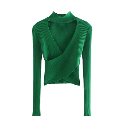 Νέο γυναικείο πλεκτό μπλουζάκι κοψίματος μόδας με μακρυμάνικη λαιμόκοψη Surplice με ψηλό λαιμό, γυναικείο πουλόβερ