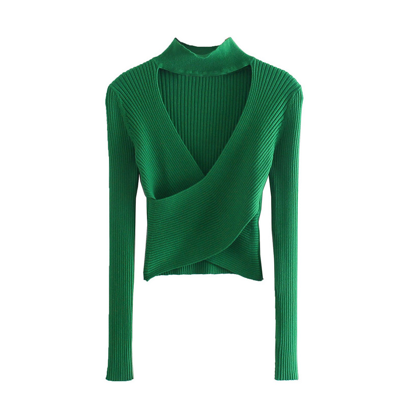 Νέο γυναικείο πλεκτό μπλουζάκι κοψίματος μόδας με μακρυμάνικη λαιμόκοψη Surplice με ψηλό λαιμό, γυναικείο πουλόβερ