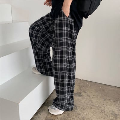 Pantaloni casual în carouri de vară Pantaloni largi cu picioare largi Pantaloni cu talie elastică pentru femei Pantaloni Harajuku Hip-hop Streetwear Pantaloni pentru femei