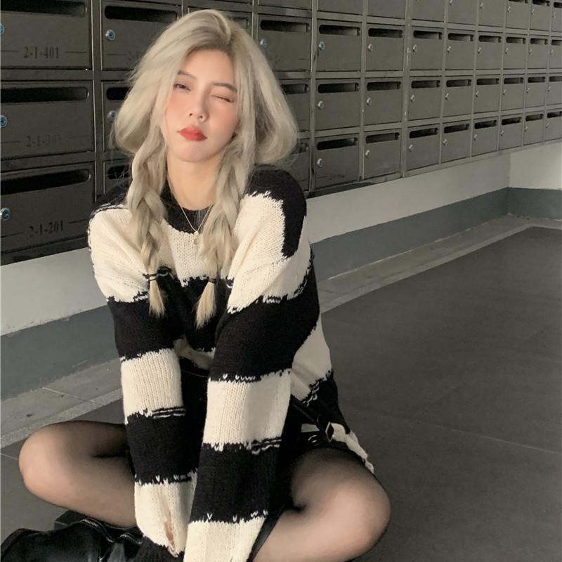 Puloveri Ženski Jesen Zima Ženski Seksi Prugasti Pleteni Dugi Rukavi Ulična Y2K Vintage Izdubljena Gotička Rupa
