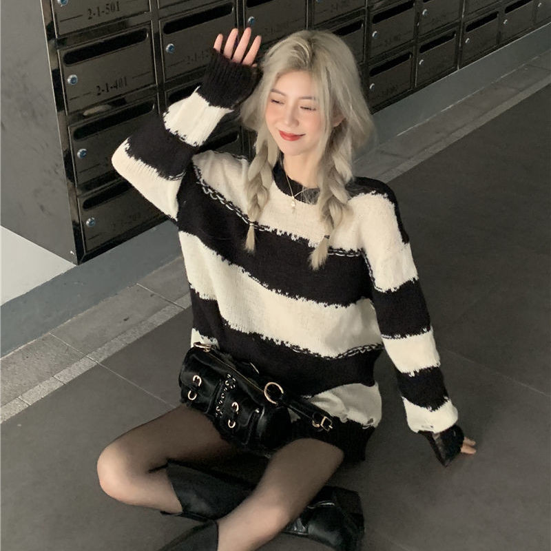 Puloveri Ženski Jesen Zima Ženski Seksi Prugasti Pleteni Dugi Rukavi Ulična Y2K Vintage Izdubljena Gotička Rupa