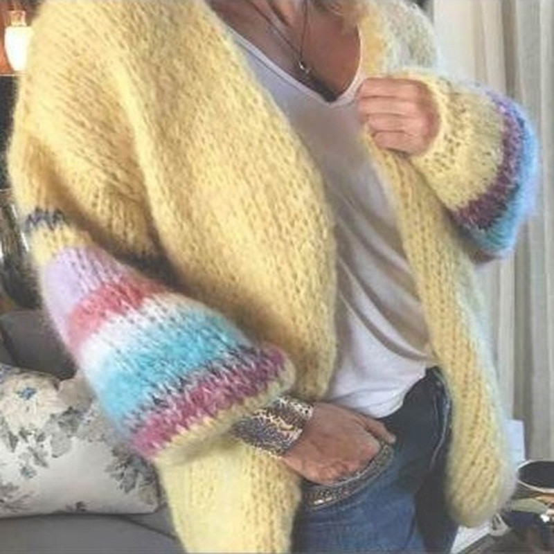 Mohäär kardigan naiste kampsunid Candy Color kampsun koo kardigan mantel Sügistalvine triibuline pikkade laternavarrukatega pehme kampsun