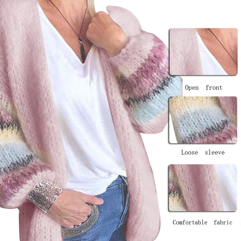 Mohäär kardigan naiste kampsunid Candy Color kampsun koo kardigan mantel Sügistalvine triibuline pikkade laternavarrukatega pehme kampsun