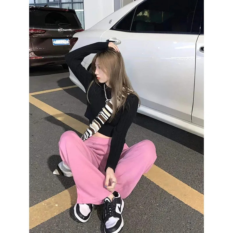 Joggers Ženske Y2K Ružičaste sportske hlače Visokog struka Chic Ležerne vrećaste hlače širokih nogavica Korejski Harajuku Streetwear Ravne trenirke