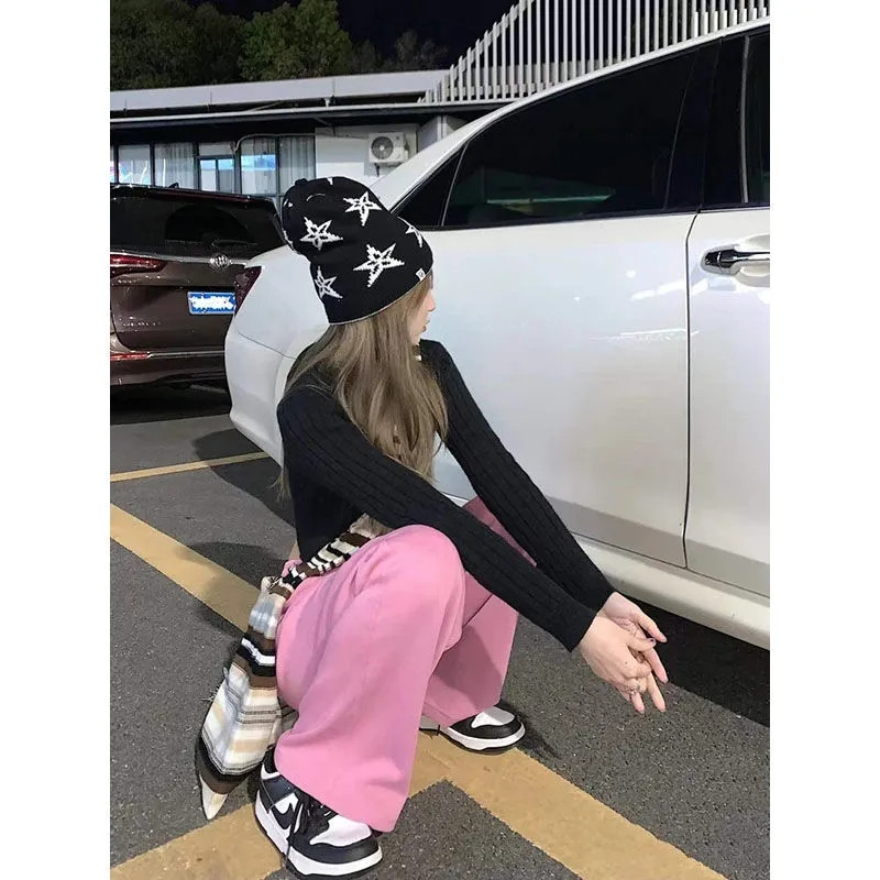 Joggers Ženske Y2K Ružičaste sportske hlače Visokog struka Chic Ležerne vrećaste hlače širokih nogavica Korejski Harajuku Streetwear Ravne trenirke