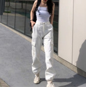 Harajuku Style Streetwear valged püksid naiste korea stiilsed mustad taskutega püksid, naiste põhjapüksid