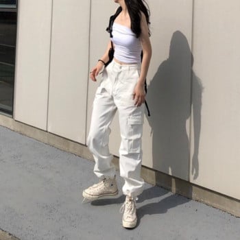 Στυλ Harajuku Streetwear Λευκό παντελόνι Cargo Γυναικείο Κορεάτικο κομψό μαύρο παντελόνι με τσέπες Γυναικείο παντελόνι