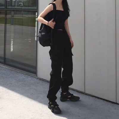 Harajuku Style Streetwear valged püksid naiste korea stiilsed mustad taskutega püksid, naiste põhjapüksid