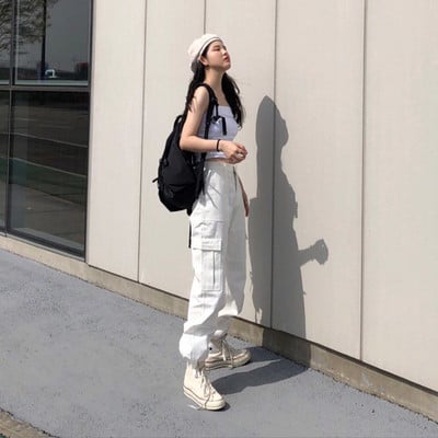 Harajuku Style Streetwear valged püksid naiste korea stiilsed mustad taskutega püksid, naiste põhjapüksid