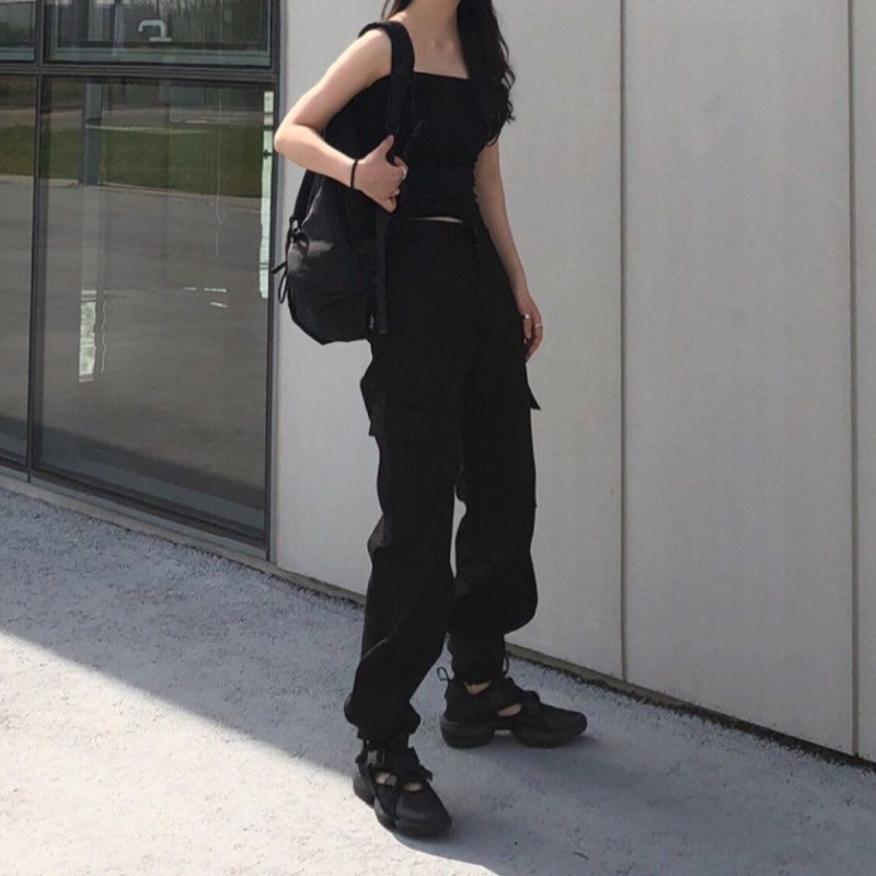 Στυλ Harajuku Streetwear Λευκό παντελόνι Cargo Γυναικείο Κορεάτικο κομψό μαύρο παντελόνι με τσέπες Γυναικείο παντελόνι