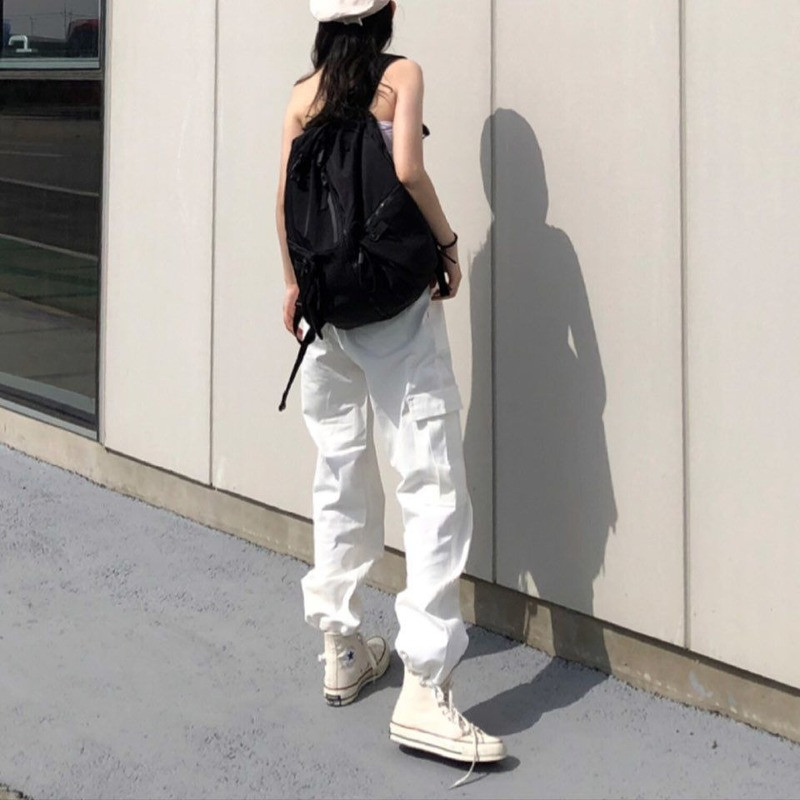 Στυλ Harajuku Streetwear Λευκό παντελόνι Cargo Γυναικείο Κορεάτικο κομψό μαύρο παντελόνι με τσέπες Γυναικείο παντελόνι
