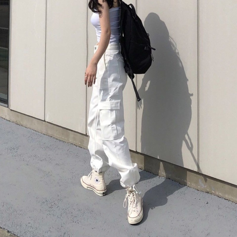 Στυλ Harajuku Streetwear Λευκό παντελόνι Cargo Γυναικείο Κορεάτικο κομψό μαύρο παντελόνι με τσέπες Γυναικείο παντελόνι