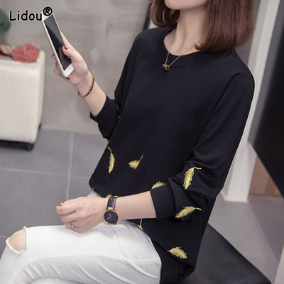 Μεγάλο γυναικείο πουλόβερ πουλόβερ με μακρυμάνικο μπλουζάκι με κέντημα για κορίτσια, νέο φθινοπωρινό στυλ χωρίς βελούδινο θηλυκό