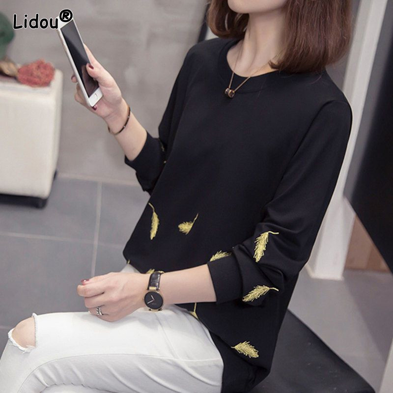 Μεγάλο γυναικείο πουλόβερ πουλόβερ με μακρυμάνικο μπλουζάκι με κέντημα για κορίτσια, νέο φθινοπωρινό στυλ χωρίς βελούδινο θηλυκό