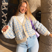 Γυναικείο πουλόβερ Houndstooth Φθινοπωρινό χειμερινό απλό πουλόβερ Ζακέτα πλεκτή ελαστικό πουλόβερ Casual ζεστή τσέπη Y2k Top ζακάρ πουλόβερ