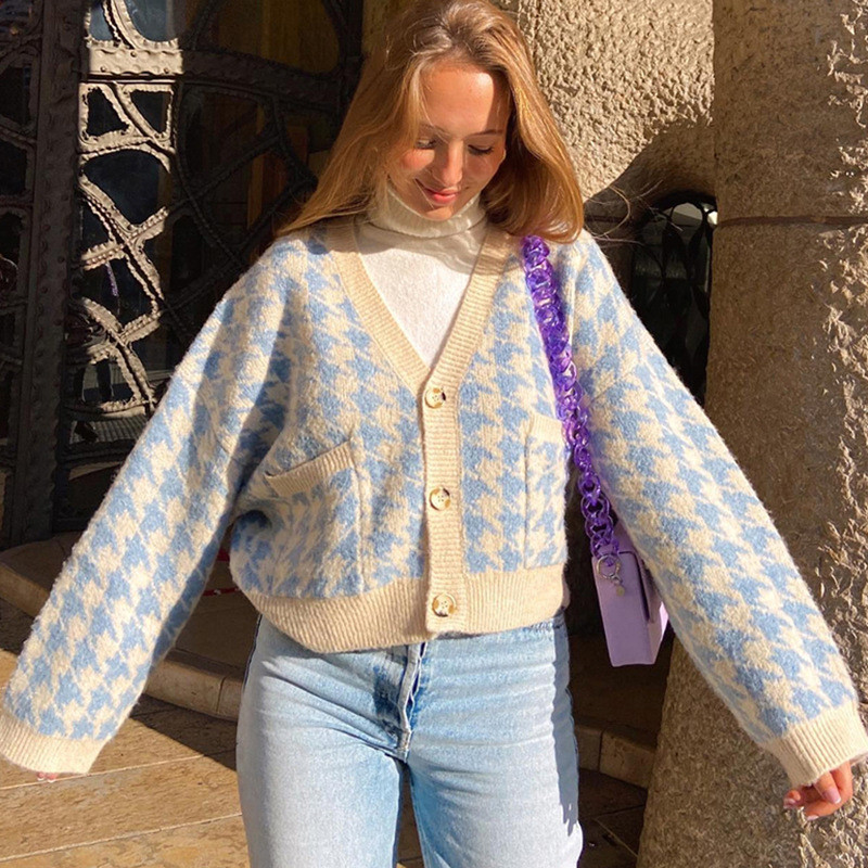 Γυναικείο πουλόβερ Houndstooth Φθινοπωρινό χειμερινό απλό πουλόβερ Ζακέτα πλεκτή ελαστικό πουλόβερ Casual ζεστή τσέπη Y2k Top ζακάρ πουλόβερ