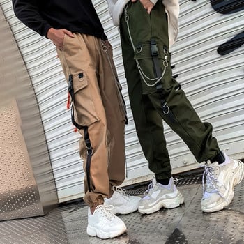 Γυναικεία Ανδρικά Παντελόνια Cargo Harajuku Chain Τσέπες Παντελόνι στον αστράγαλο Ψηλόμεση Αλυσίδα Hip-hop Punk Μαύρο Παντελόνι Harem Streetwear
