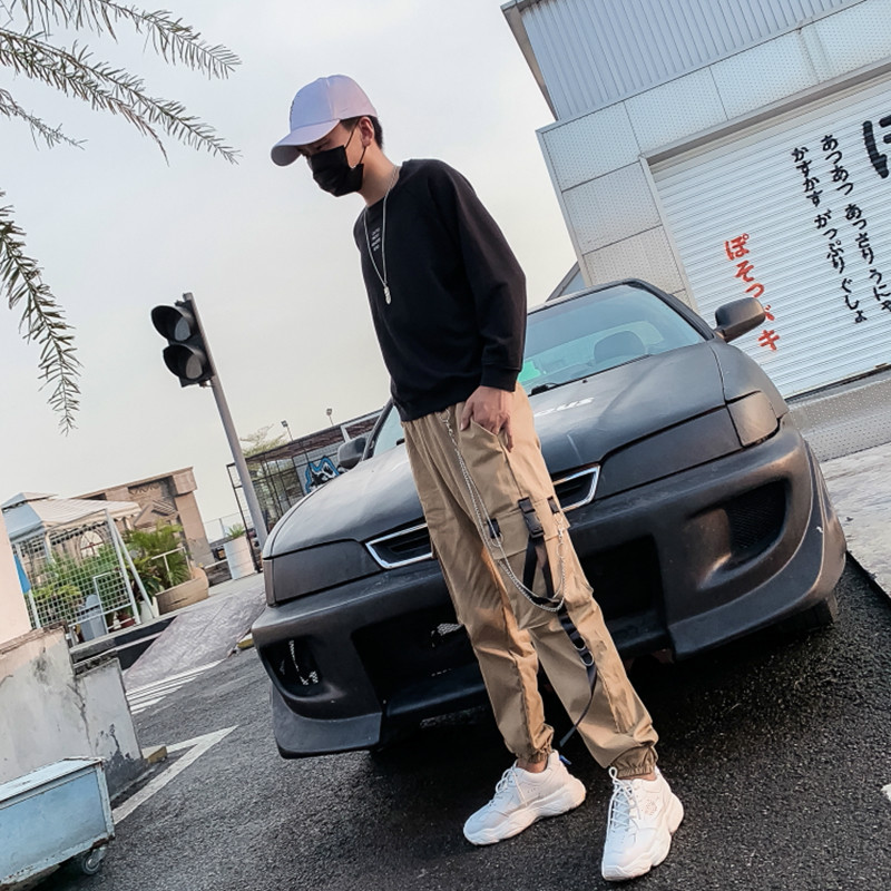 Γυναικεία Ανδρικά Παντελόνια Cargo Harajuku Chain Τσέπες Παντελόνι στον αστράγαλο Ψηλόμεση Αλυσίδα Hip-hop Punk Μαύρο Παντελόνι Harem Streetwear