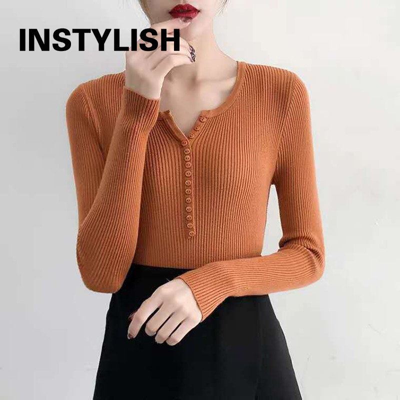 Κομψό γυναικείο πουλόβερ Κορεάτικο Πλεκτό Πλεκτό Πουλόβερ με μακρυμάνικο πουλόβερ μαλακό, ζεστό μπλουζάκι με λαιμόκοψη