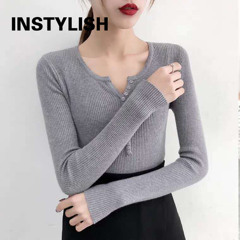 Κομψό γυναικείο πουλόβερ Κορεάτικο Πλεκτό Πλεκτό Πουλόβερ με μακρυμάνικο πουλόβερ μαλακό, ζεστό μπλουζάκι με λαιμόκοψη