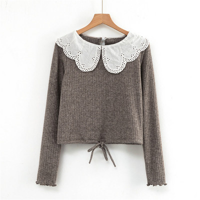 γυναικεία πουλόβερ vintage χειμωνιάτικα μπλουζάκια πλεκτά μακρυμάνικα crop top πουλόβερ κορεάτικα cropped πουλόβερ kawaii pulovers peter pan γιακάς