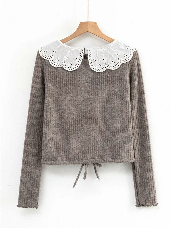 γυναικεία πουλόβερ vintage χειμωνιάτικα μπλουζάκια πλεκτά μακρυμάνικα crop top πουλόβερ κορεάτικα cropped πουλόβερ kawaii pulovers peter pan γιακάς