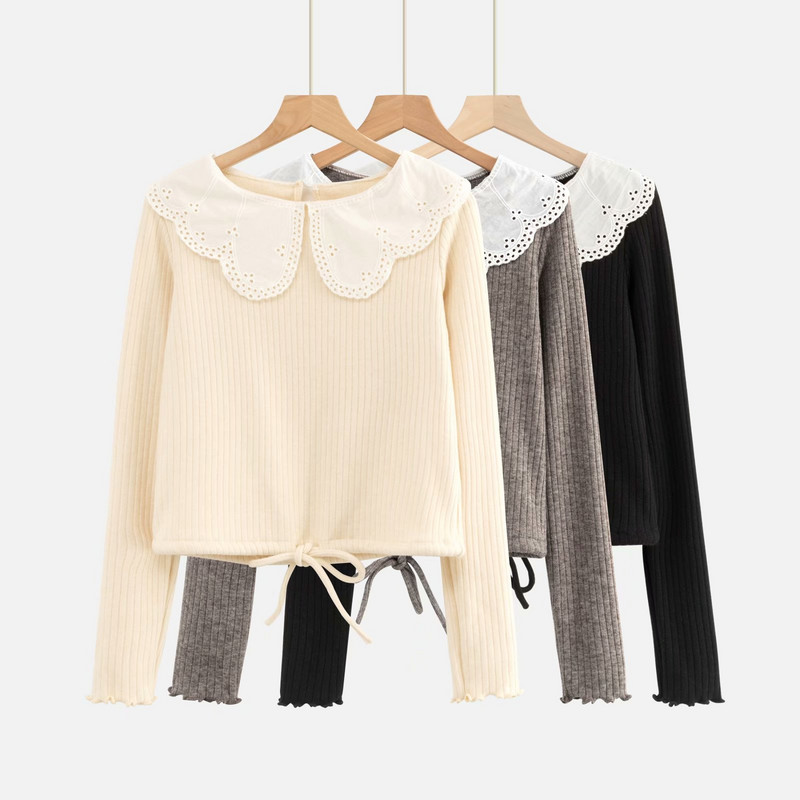 γυναικεία πουλόβερ vintage χειμωνιάτικα μπλουζάκια πλεκτά μακρυμάνικα crop top πουλόβερ κορεάτικα cropped πουλόβερ kawaii pulovers peter pan γιακάς