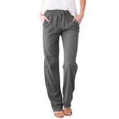 Γυναικείο βαμβακερό λινό μακρύ παντελόνι ίσιο πόδι με κορδόνι ελαστικό ψηλόμεσο παντελόνι με τσέπες για διακοπές στην παραλία