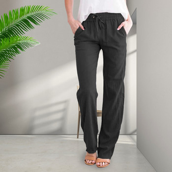Γυναικείο βαμβακερό λινό μακρύ παντελόνι ίσιο πόδι με κορδόνι ελαστικό ψηλόμεσο παντελόνι με τσέπες για διακοπές στην παραλία