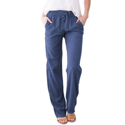 Γυναικείο βαμβακερό λινό μακρύ παντελόνι ίσιο πόδι με κορδόνι ελαστικό ψηλόμεσο παντελόνι με τσέπες για διακοπές στην παραλία