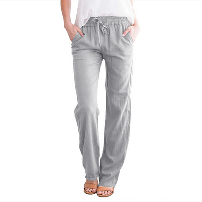 Γυναικείο βαμβακερό λινό μακρύ παντελόνι ίσιο πόδι με κορδόνι ελαστικό ψηλόμεσο παντελόνι με τσέπες για διακοπές στην παραλία