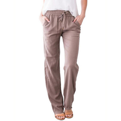 Γυναικείο βαμβακερό λινό μακρύ παντελόνι ίσιο πόδι με κορδόνι ελαστικό ψηλόμεσο παντελόνι με τσέπες για διακοπές στην παραλία