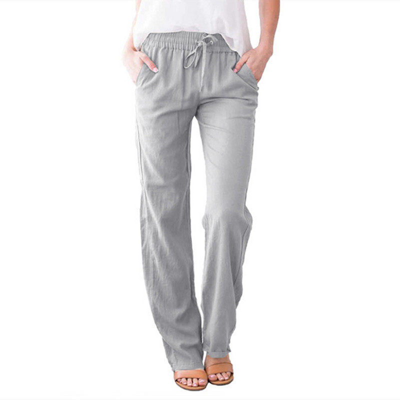Γυναικείο βαμβακερό λινό μακρύ παντελόνι ίσιο πόδι με κορδόνι ελαστικό ψηλόμεσο παντελόνι με τσέπες για διακοπές στην παραλία