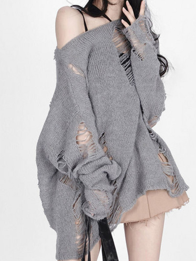 2023. aasta gooti tänavarõivad, hallid ülisuured kampsunid, naiste Harajuku vintage kootud džemprid, õõnsad pikkade varrukatega topid Y2K riided