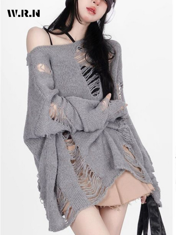 2023. aasta gooti tänavarõivad, hallid ülisuured kampsunid, naiste Harajuku vintage kootud džemprid, õõnsad pikkade varrukatega topid Y2K riided