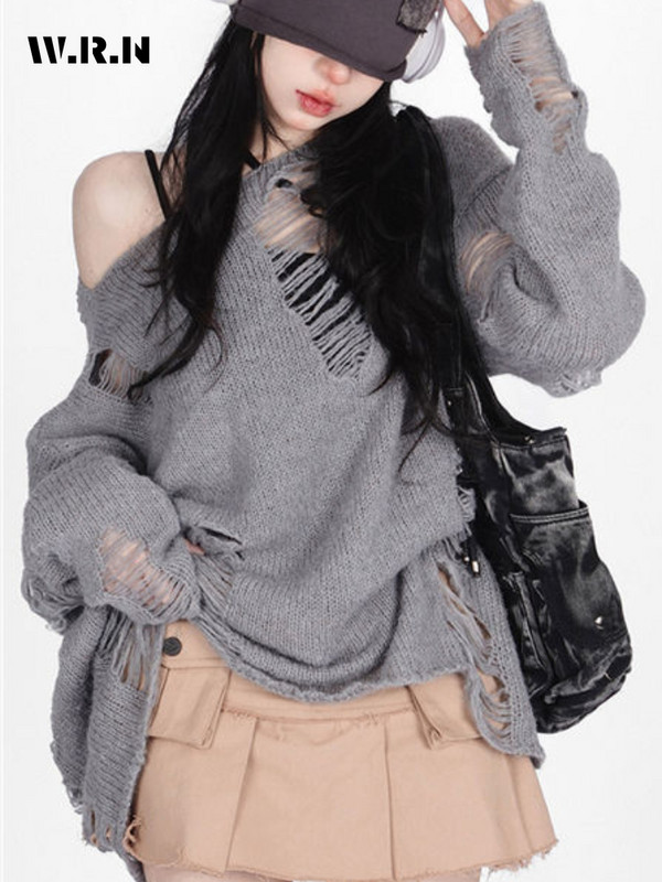 2023. aasta gooti tänavarõivad, hallid ülisuured kampsunid, naiste Harajuku vintage kootud džemprid, õõnsad pikkade varrukatega topid Y2K riided