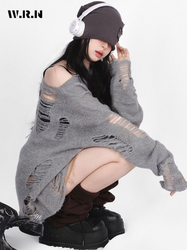 2023. aasta gooti tänavarõivad, hallid ülisuured kampsunid, naiste Harajuku vintage kootud džemprid, õõnsad pikkade varrukatega topid Y2K riided