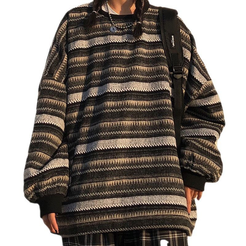 Γυναικείο ρετρό ριγέ πουλόβερ με στρογγυλή λαιμόκοψη, φαρδύ πουλόβερ, μεγάλου μεγέθους πουλόβερ, μακρυμάνικο πλεκτό μπλουζάκι, χιπ χοπ street ρούχα