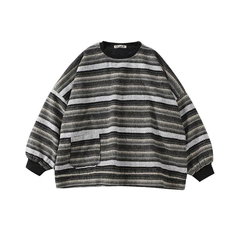 Γυναικείο ρετρό ριγέ πουλόβερ με στρογγυλή λαιμόκοψη, φαρδύ πουλόβερ, μεγάλου μεγέθους πουλόβερ, μακρυμάνικο πλεκτό μπλουζάκι, χιπ χοπ street ρούχα