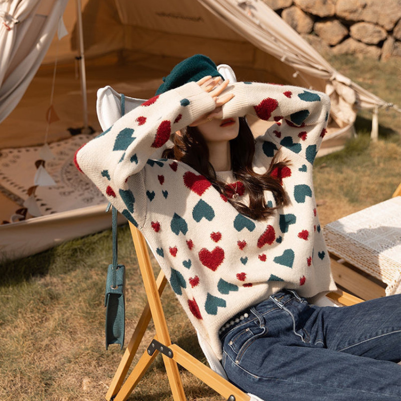 Φθινοπωρινό Χειμώνα Νέα Πουλόβερ Ιαπωνικά Casual Loose Sweet Cute Jumpers Preppy Style Heart Jacquard All Match Πλεκτά πουλόβερ