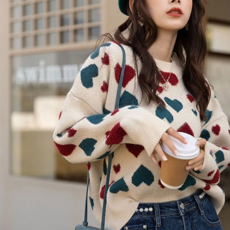 Φθινοπωρινό Χειμώνα Νέα Πουλόβερ Ιαπωνικά Casual Loose Sweet Cute Jumpers Preppy Style Heart Jacquard All Match Πλεκτά πουλόβερ