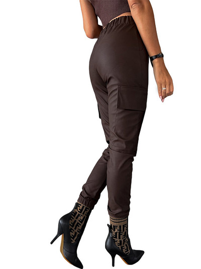 Naiste kunstnahast vabaaja püksid, moodsad kõrge vöökohaga ühevärvilised klapiga taskuretuusid, must/kohv, S/ M/ L/XL