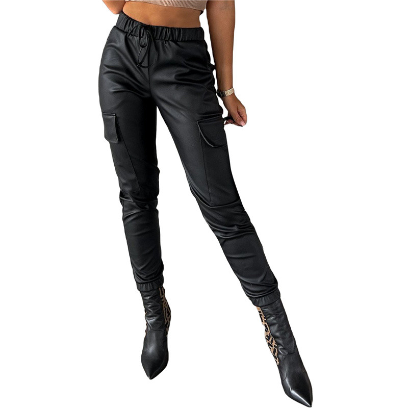 Naiste kunstnahast vabaaja püksid, moodsad kõrge vöökohaga ühevärvilised klapiga taskuretuusid, must/kohv, S/ M/ L/XL