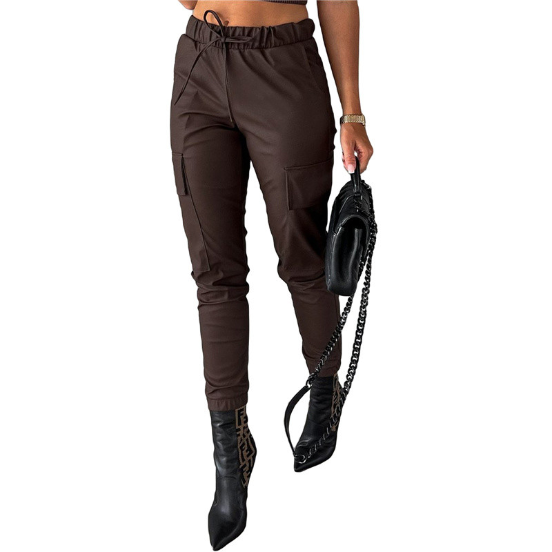 Naiste kunstnahast vabaaja püksid, moodsad kõrge vöökohaga ühevärvilised klapiga taskuretuusid, must/kohv, S/ M/ L/XL